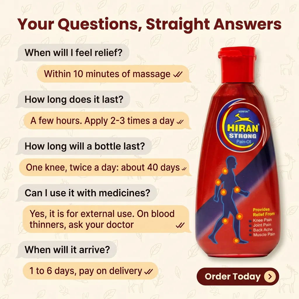 Hiran Pain Oil FAQ: relief within 10 minutes, lasts a few hours, one bottle lasts about 40 days, delivery in 1 to 6 days