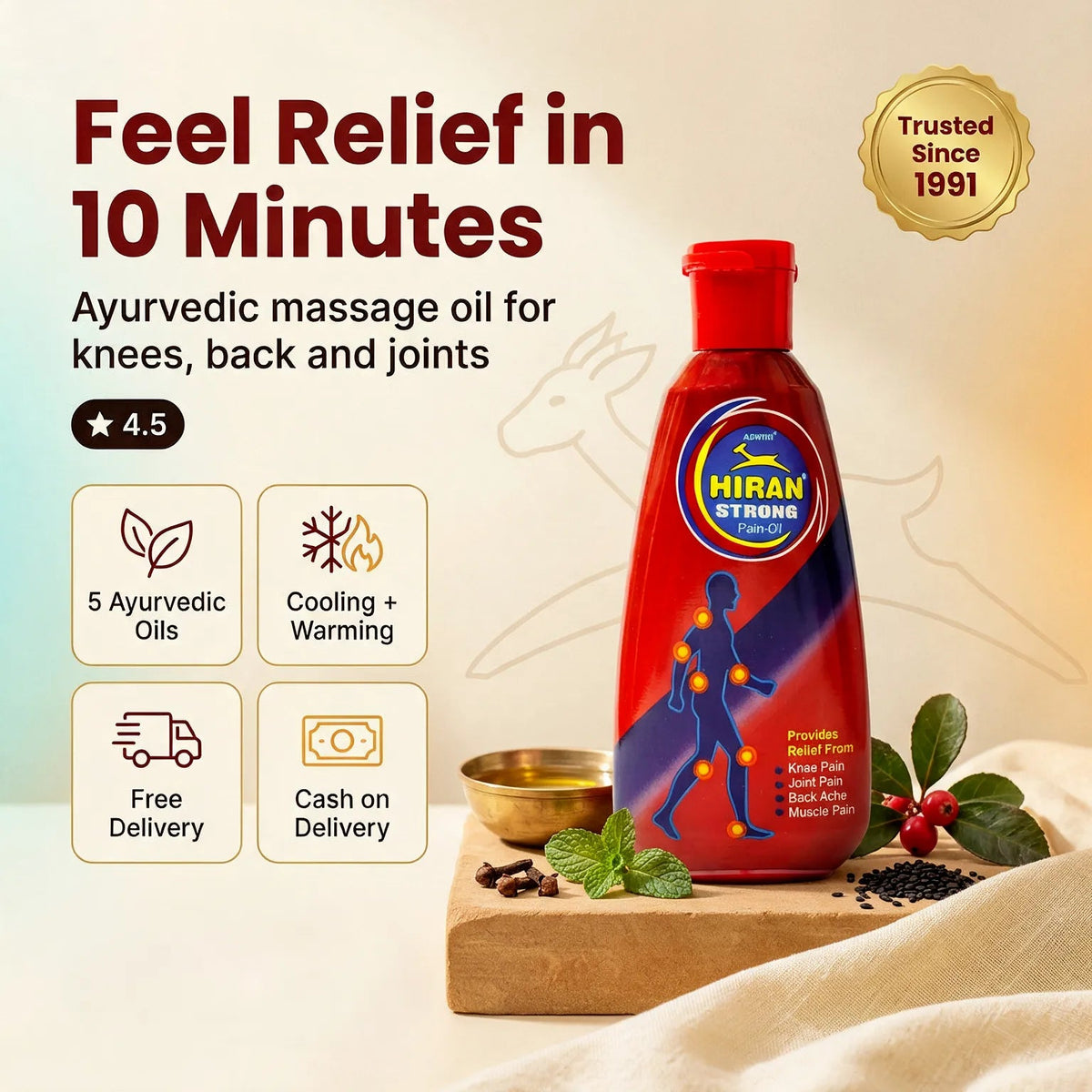 [en] Aswini Hiran Strong Pain Oil bottle, Ayurvedic massage oil for knees, back and joints with relief in 10 minutes, rated 4.5 stars from 337 reviews