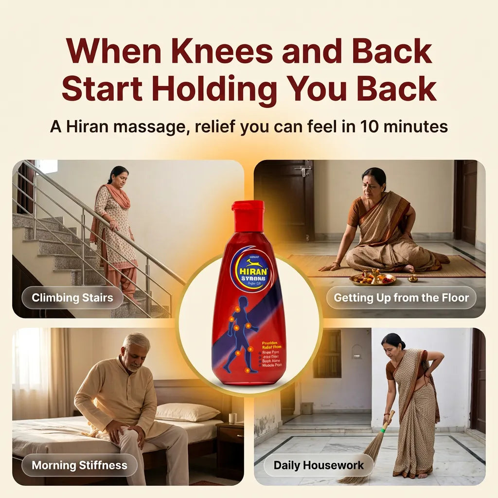 [en] Indian elders with knee and back pain while climbing stairs, getting up from the floor, morning stiffness and housework, with Hiran Pain Oil