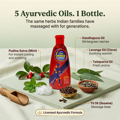 [en] Hiran Pain Oil ingredients: Gandhapura, Pudina Satva mint, Lavanga clove, Tailaparna and Til sesame oil in a licensed Ayurvedic formula