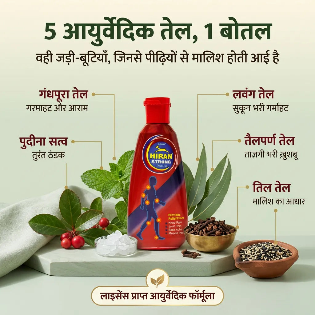 [hi] हिरन पेन ऑयल की सामग्री: गंधपूरा, पुदीना सत्व, लवंग, तैलपर्ण और तिल का तेल, लाइसेंस प्राप्त आयुर्वेदिक फ़ॉर्मूला