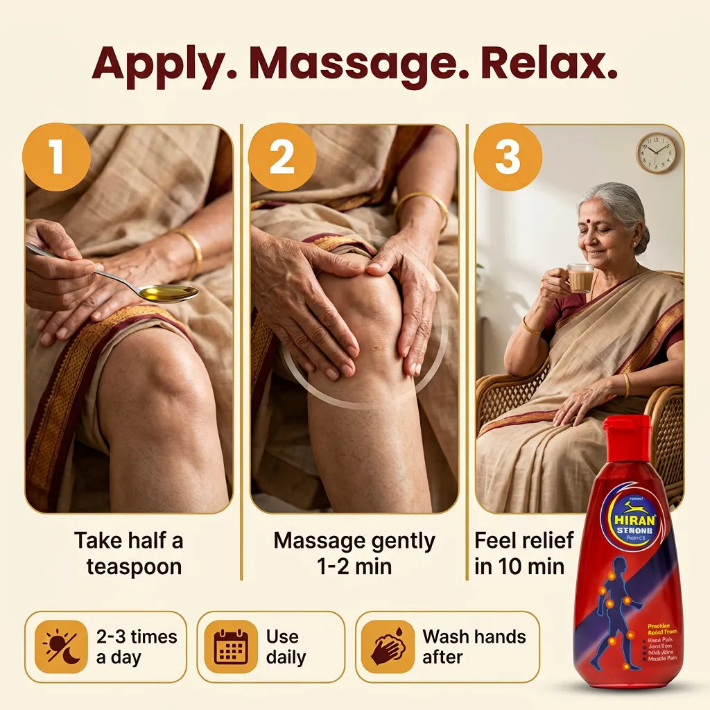 [en] How to use Hiran Pain Oil: take half a teaspoon, massage gently for 1 to 2 minutes, feel relief in 10 minutes, use 2 to 3 times a day
