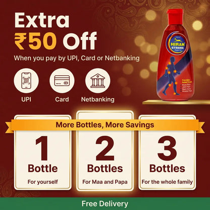 [en] Hiran Pain Oil offer: extra Rs 50 off on UPI, card or netbanking, available in 1, 2 and 3 bottle packs with free delivery and cash on delivery