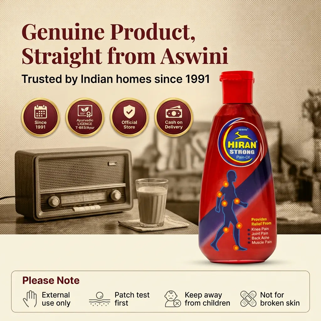 [en] Genuine Hiran Pain Oil from Aswini, trusted since 1991, Ayurvedic licence T-683/Ayur, for external use only with safety notes