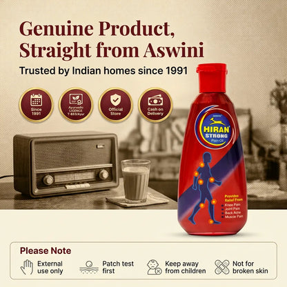 [en] Genuine Hiran Pain Oil from Aswini, trusted since 1991, Ayurvedic licence T-683/Ayur, for external use only with safety notes