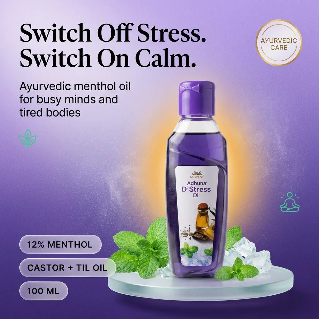 Aswini Adhuna D'Stress Oil - 100 ml | Cooling Ayurvedic Relaxation & Sleep Oil