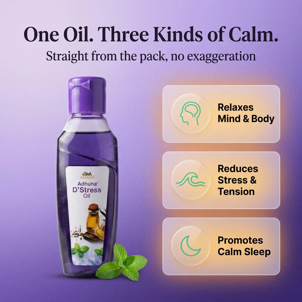 Aswini Adhuna D'Stress Oil - 100 ml | Cooling Ayurvedic Relaxation & Sleep Oil